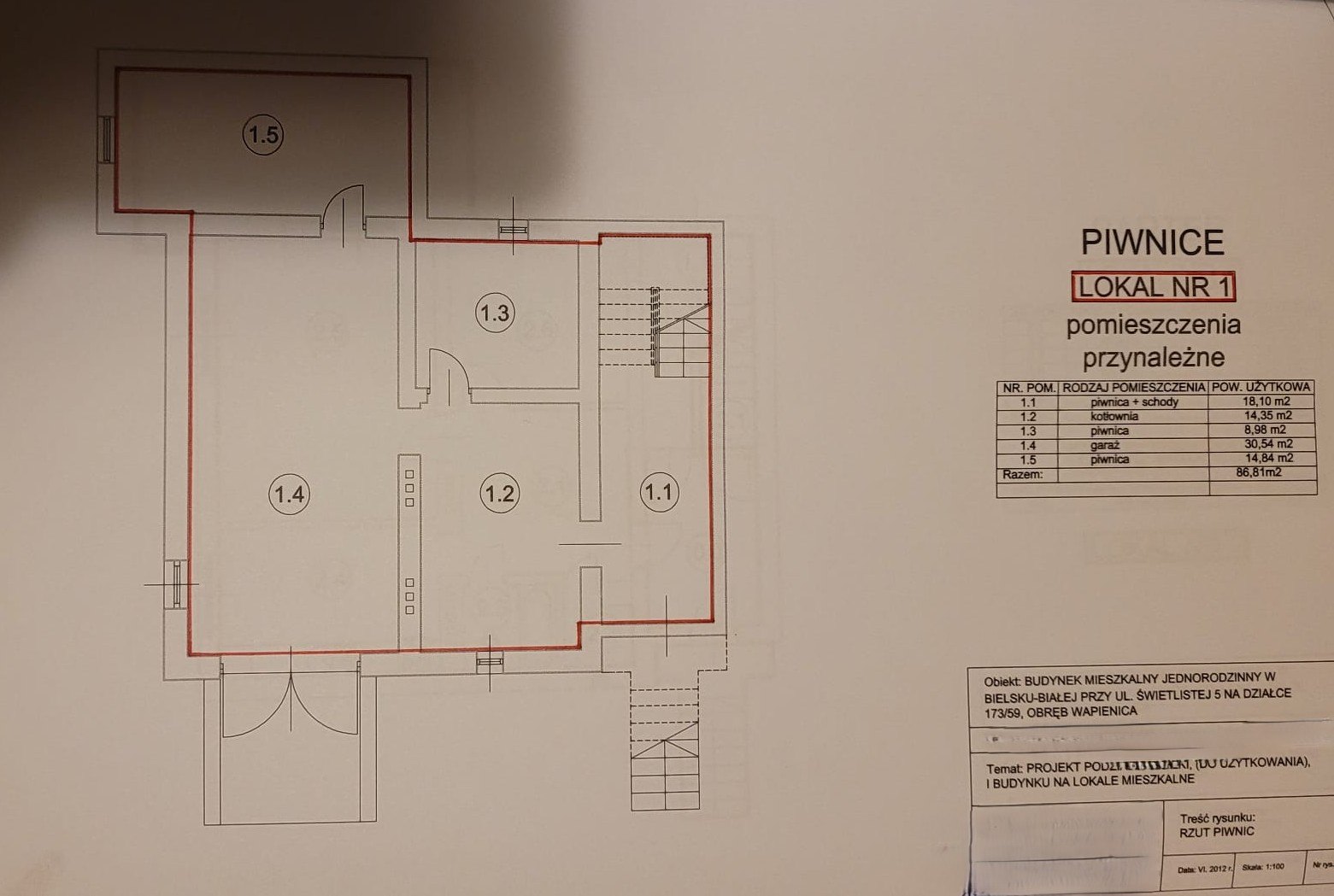 Rzut piwnicy i pomieszczeń przynależnych – 86,81 m²